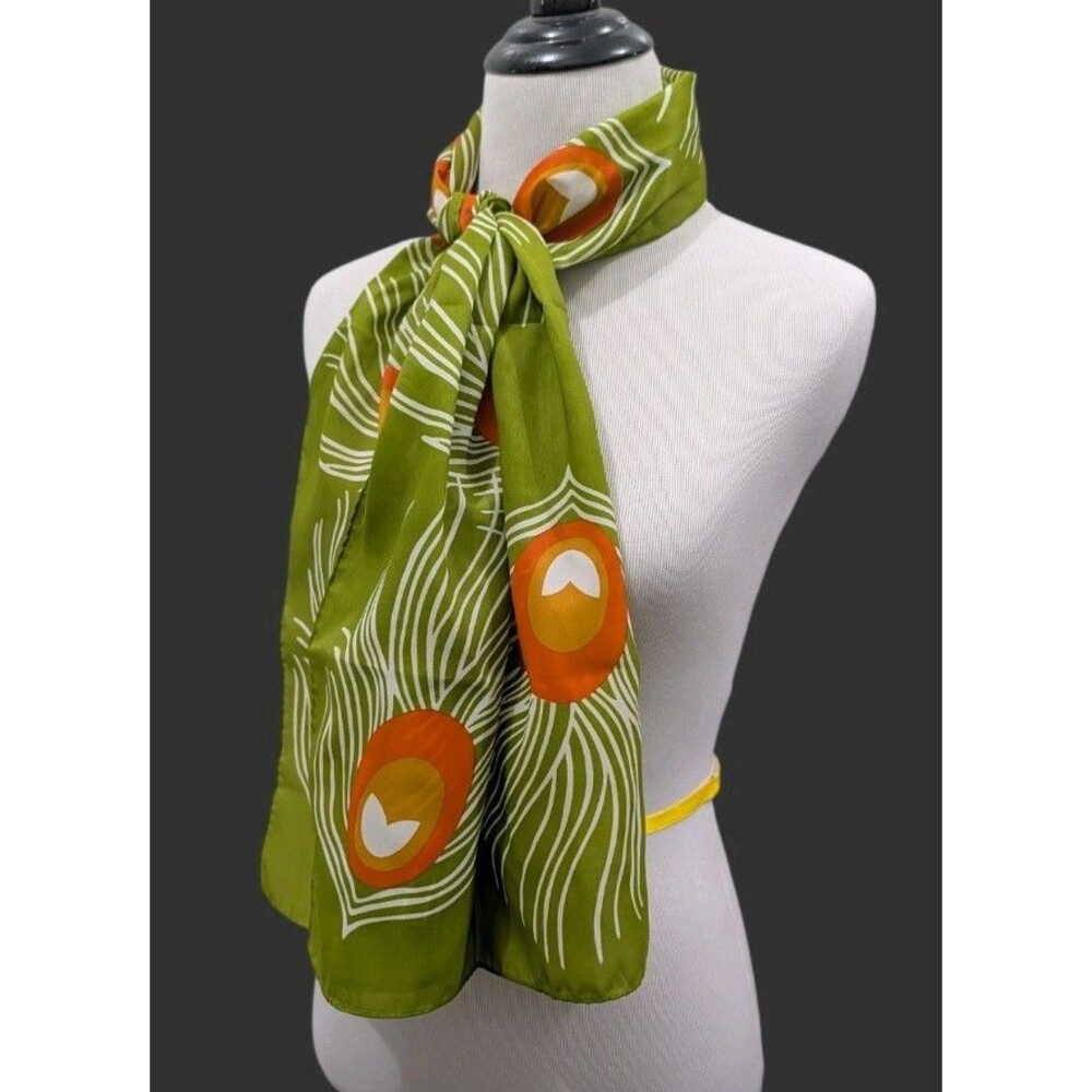 Vintage 60s 70s Baar & Beards Peacock Feather Scarf Olive Green Mod Japan